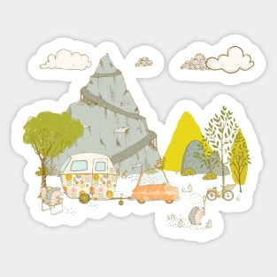 Vintage hedgehogs camping adventure with pattern Sticker